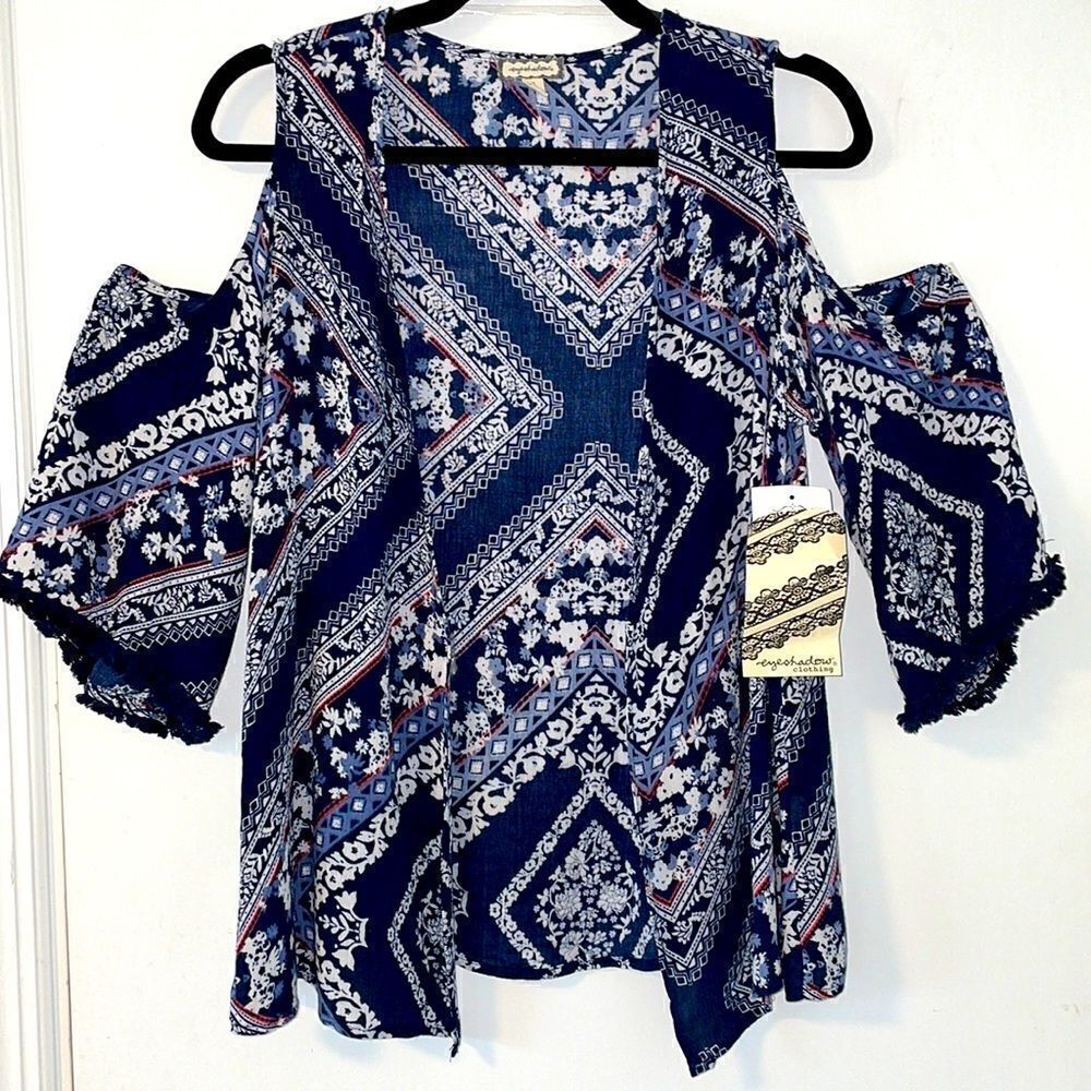 Eyeshadow NEW rayon cold shoulder fringe trim bandana print topper size small